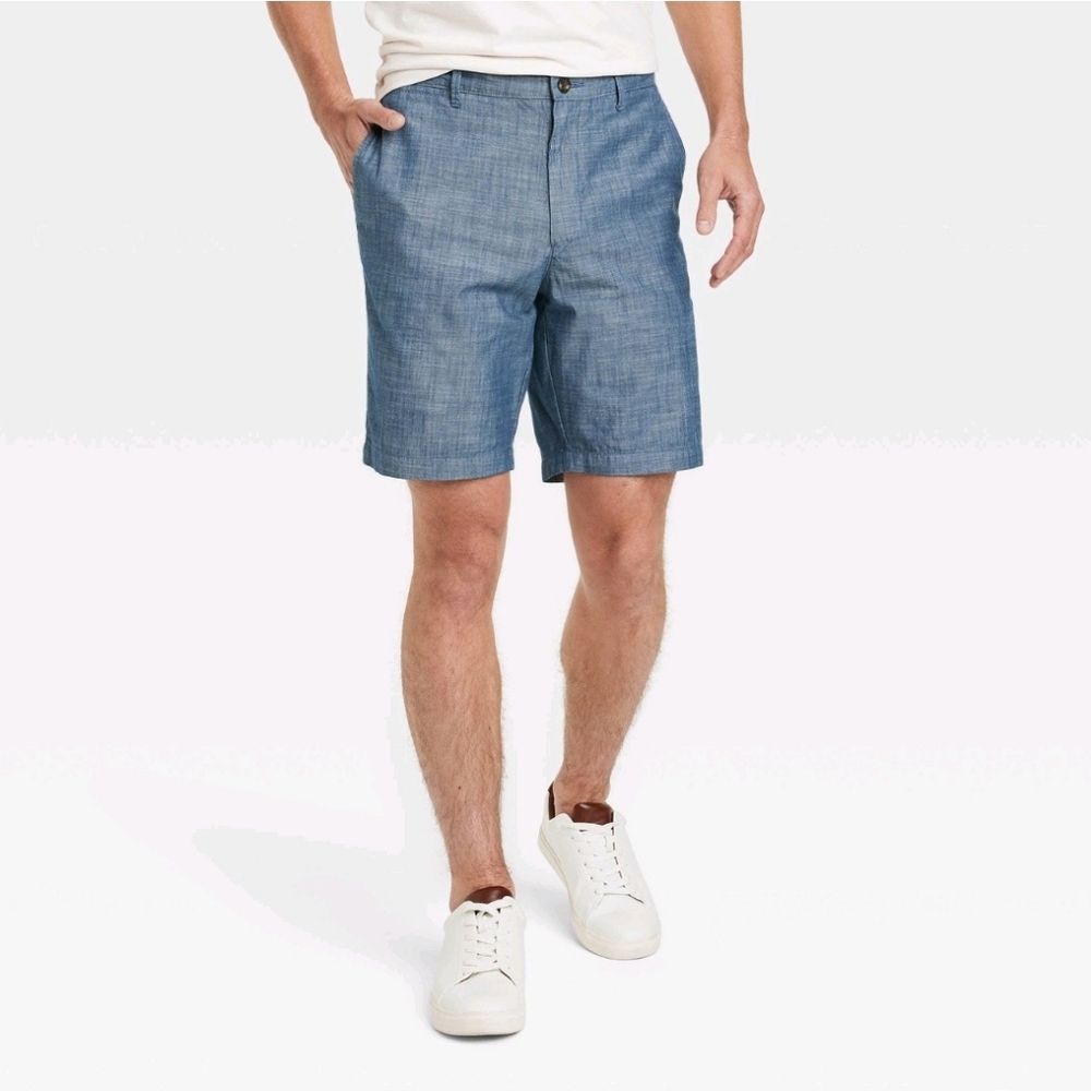 Men's 9" Slim Fit Flat Front Chino Shorts - Goodfellow & Co Blue Chambray 30